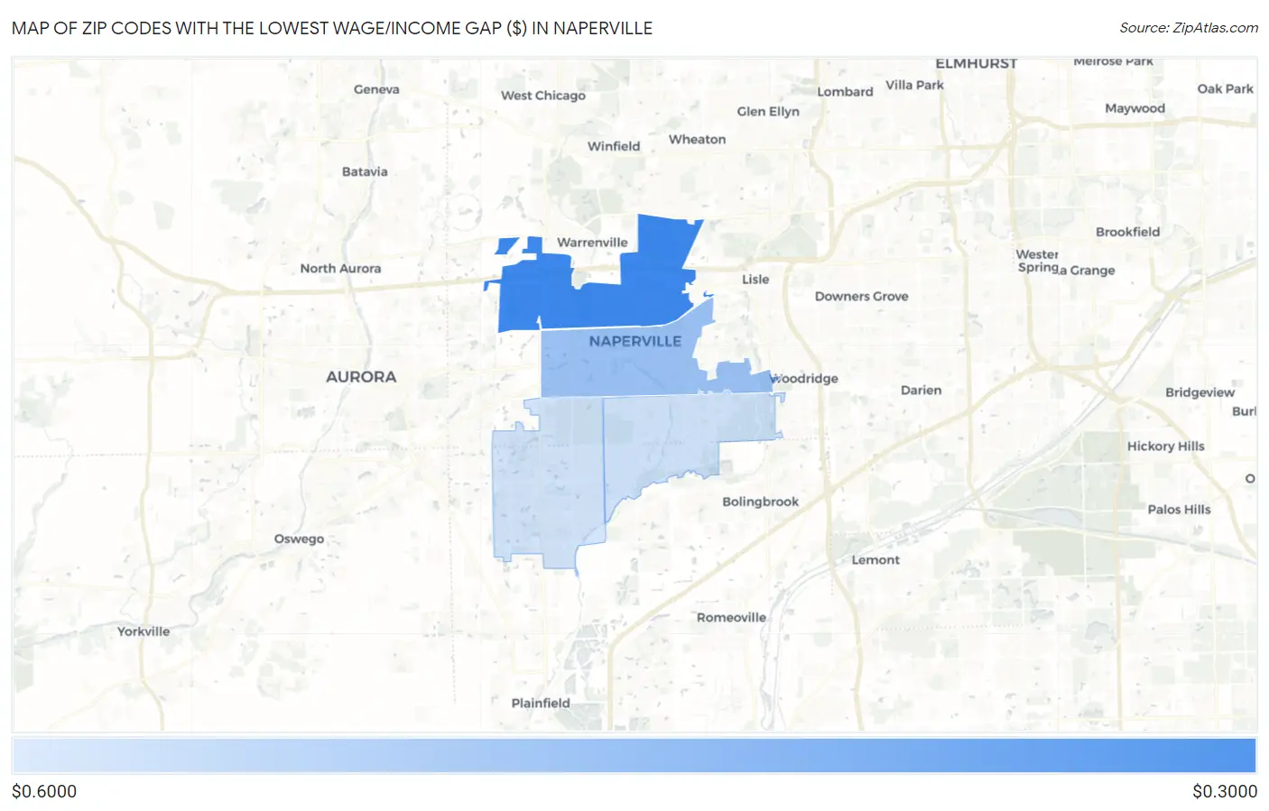 Zip Codes with the Lowest Wage/Income Gap ($) in Naperville Map