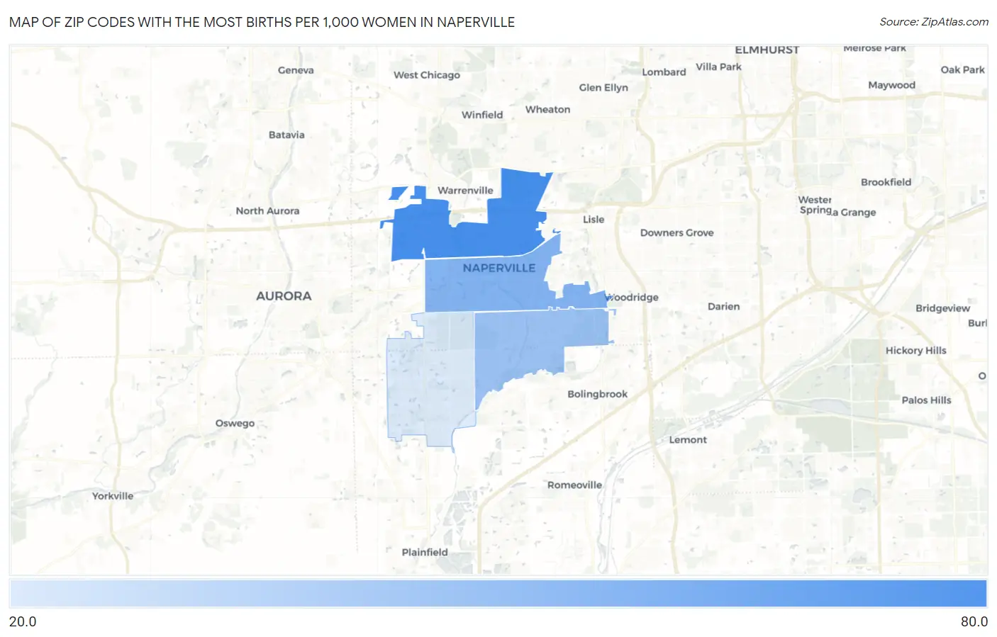 Zip Codes with the Most Births per 1,000 Women in Naperville Map
