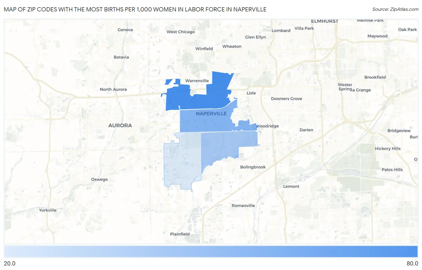 Zip Codes with the Most Births per 1,000 Women in Labor Force in Naperville Map
