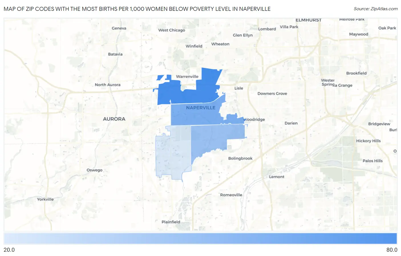 Zip Codes with the Most Births per 1,000 Women Below Poverty Level in Naperville Map