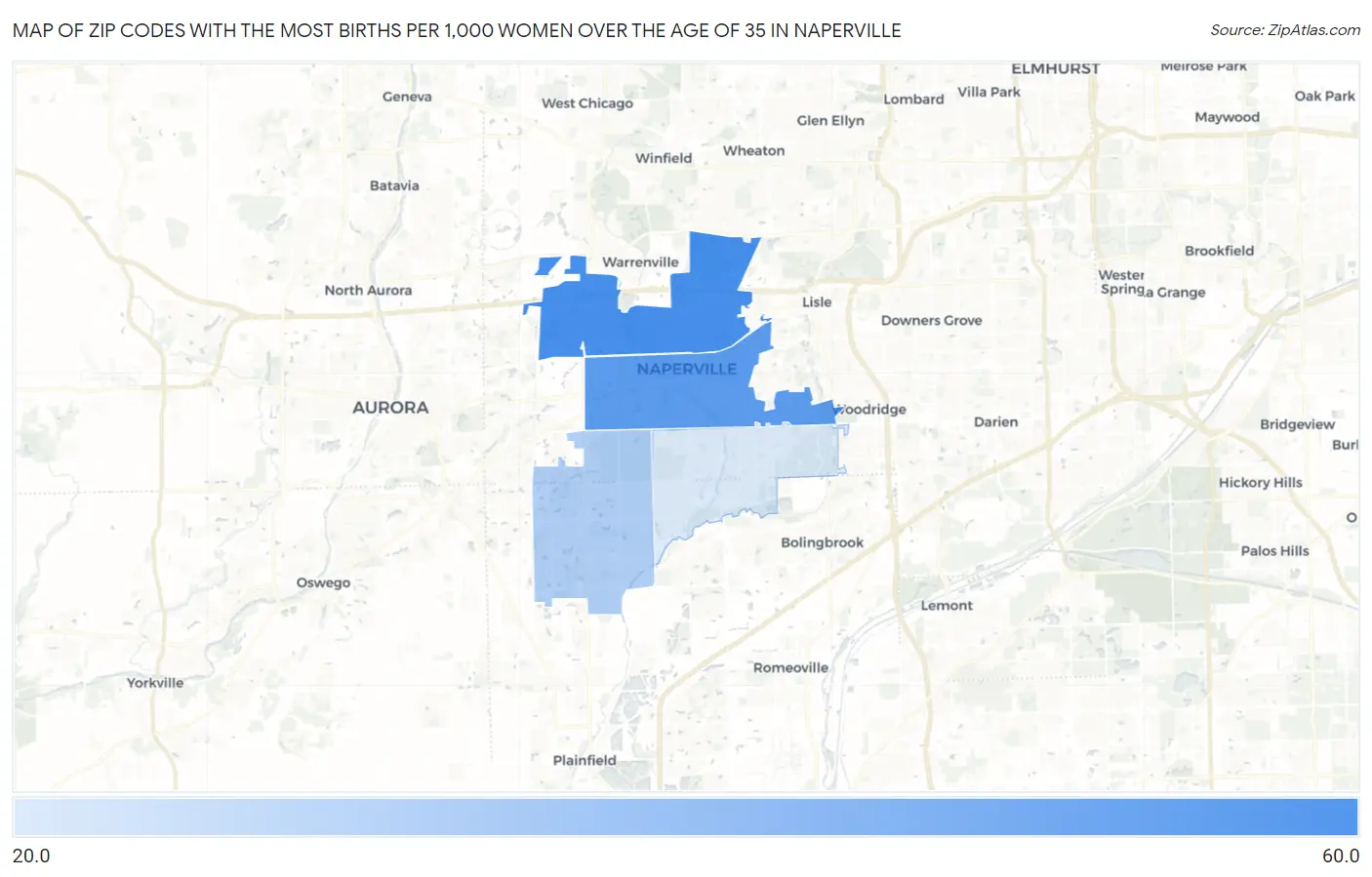 Zip Codes with the Most Births per 1,000 Women Over the Age of 35 in Naperville Map