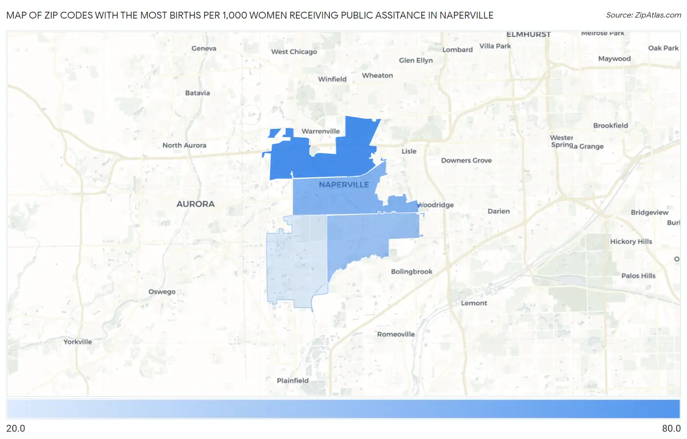 Zip Codes with the Most Births per 1,000 Women Receiving Public Assitance in Naperville Map