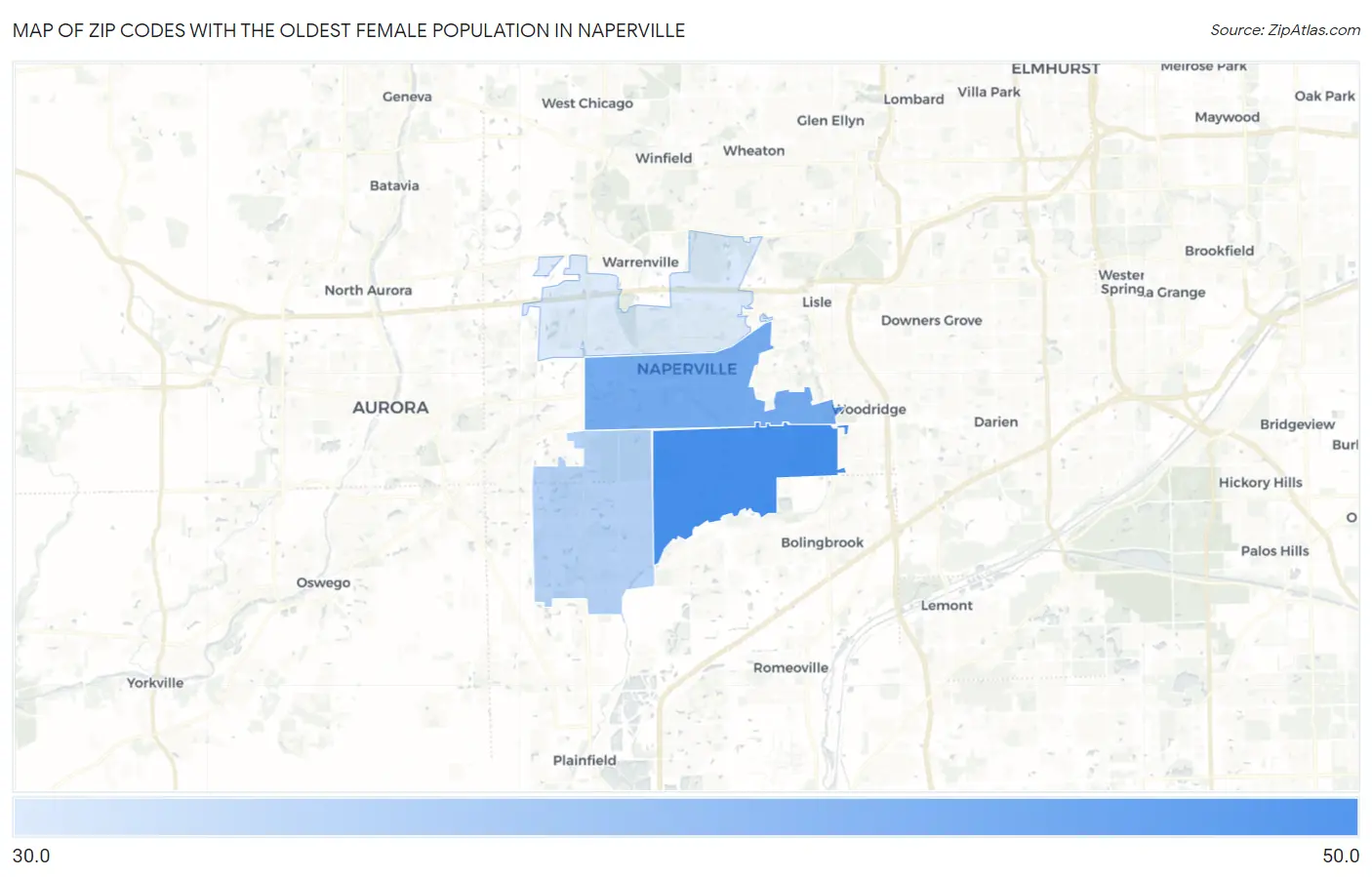 Zip Codes with the Oldest Female Population in Naperville Map
