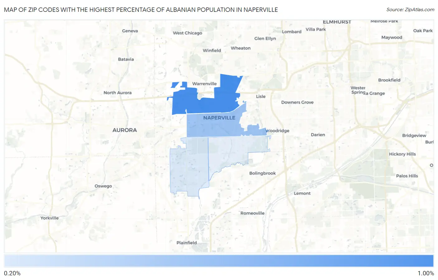 Zip Codes with the Highest Percentage of Albanian Population in Naperville Map