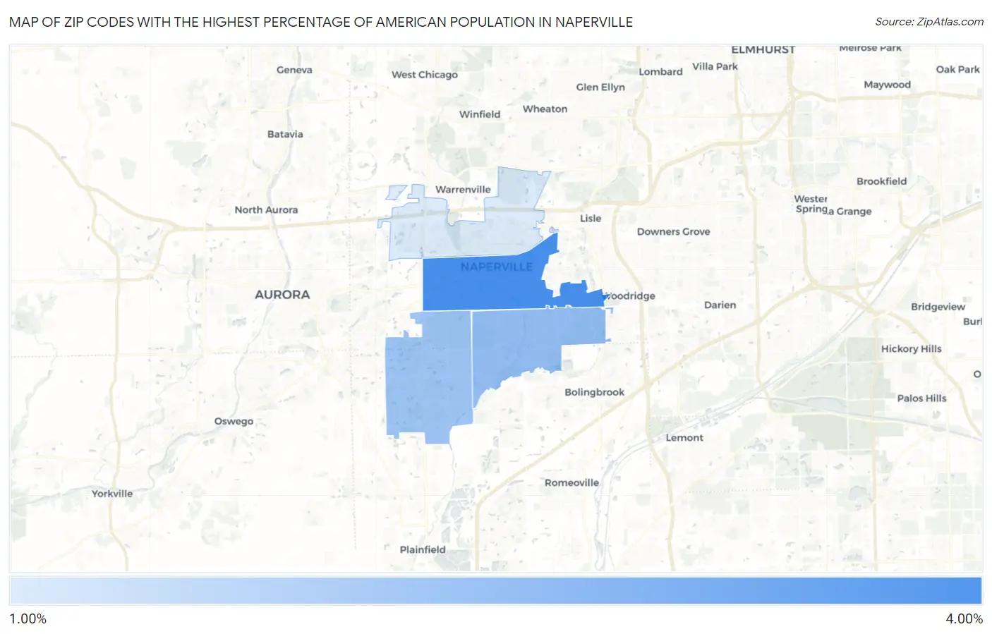 Zip Codes with the Highest Percentage of American Population in Naperville Map