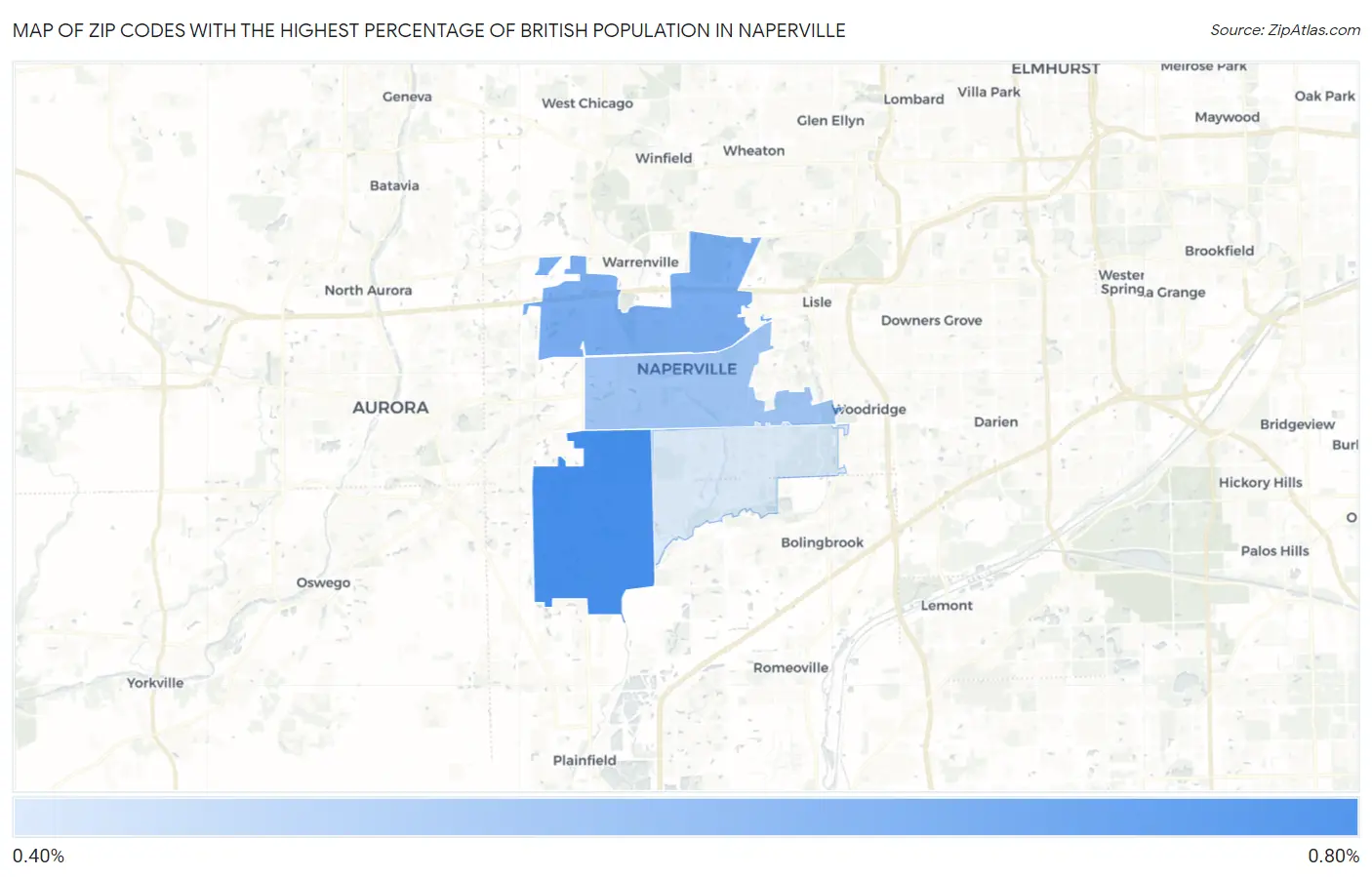 Zip Codes with the Highest Percentage of British Population in Naperville Map