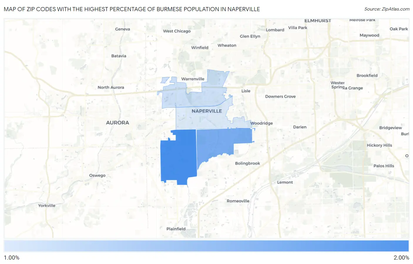 Zip Codes with the Highest Percentage of Burmese Population in Naperville Map