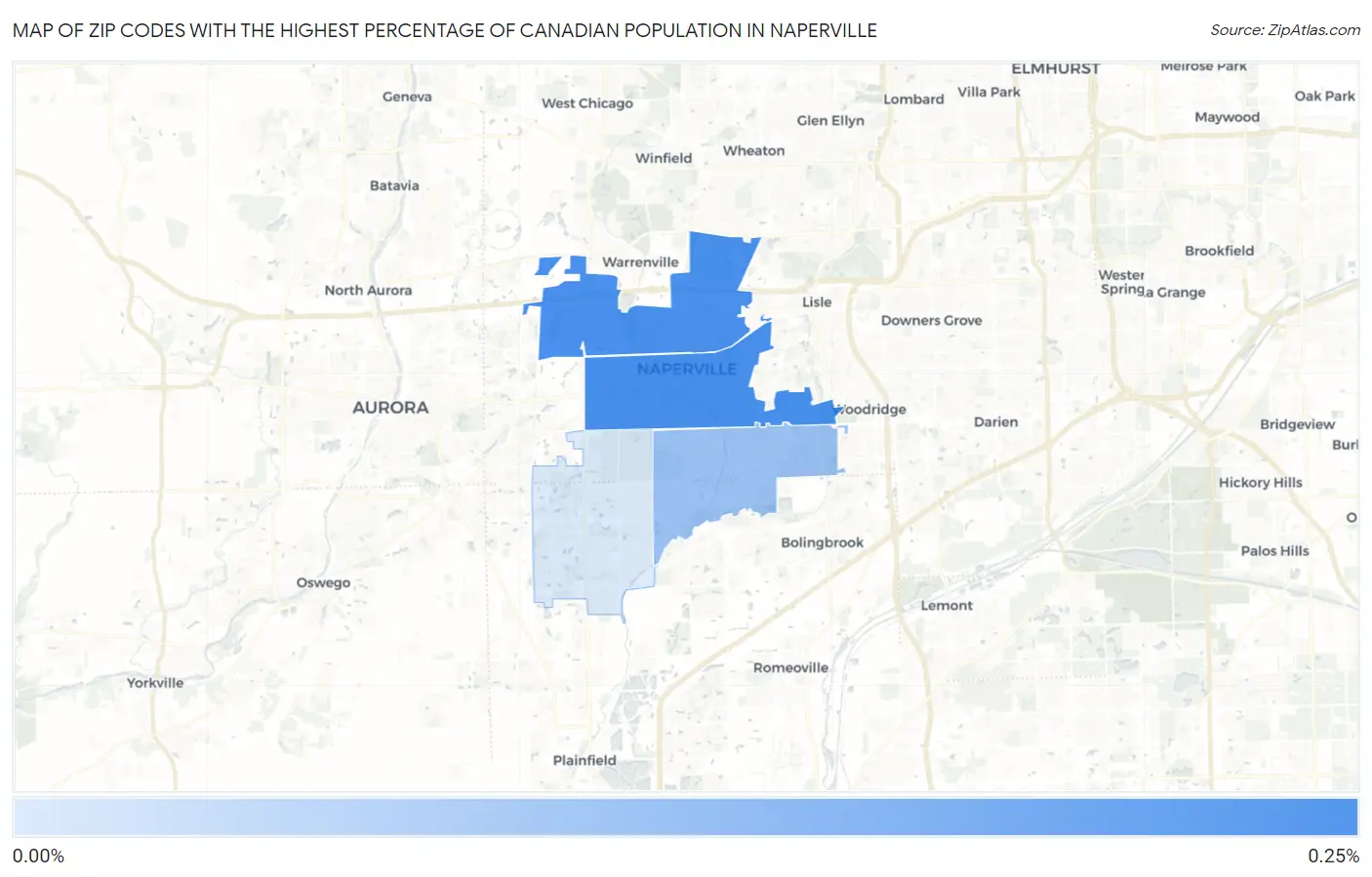Zip Codes with the Highest Percentage of Canadian Population in Naperville Map