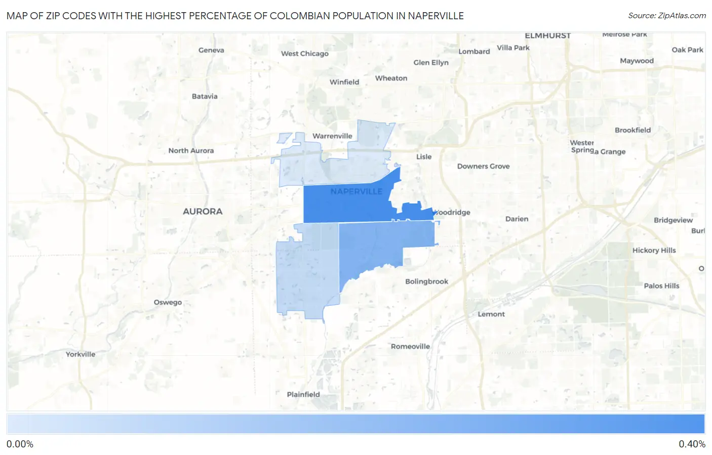Zip Codes with the Highest Percentage of Colombian Population in Naperville Map