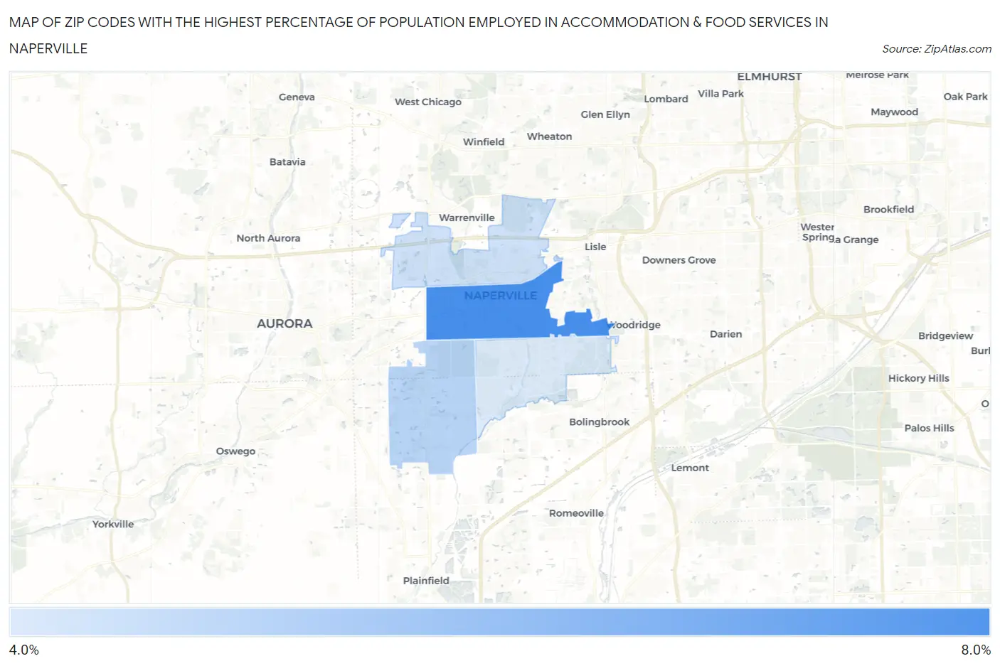 Zip Codes with the Highest Percentage of Population Employed in Accommodation & Food Services in Naperville Map