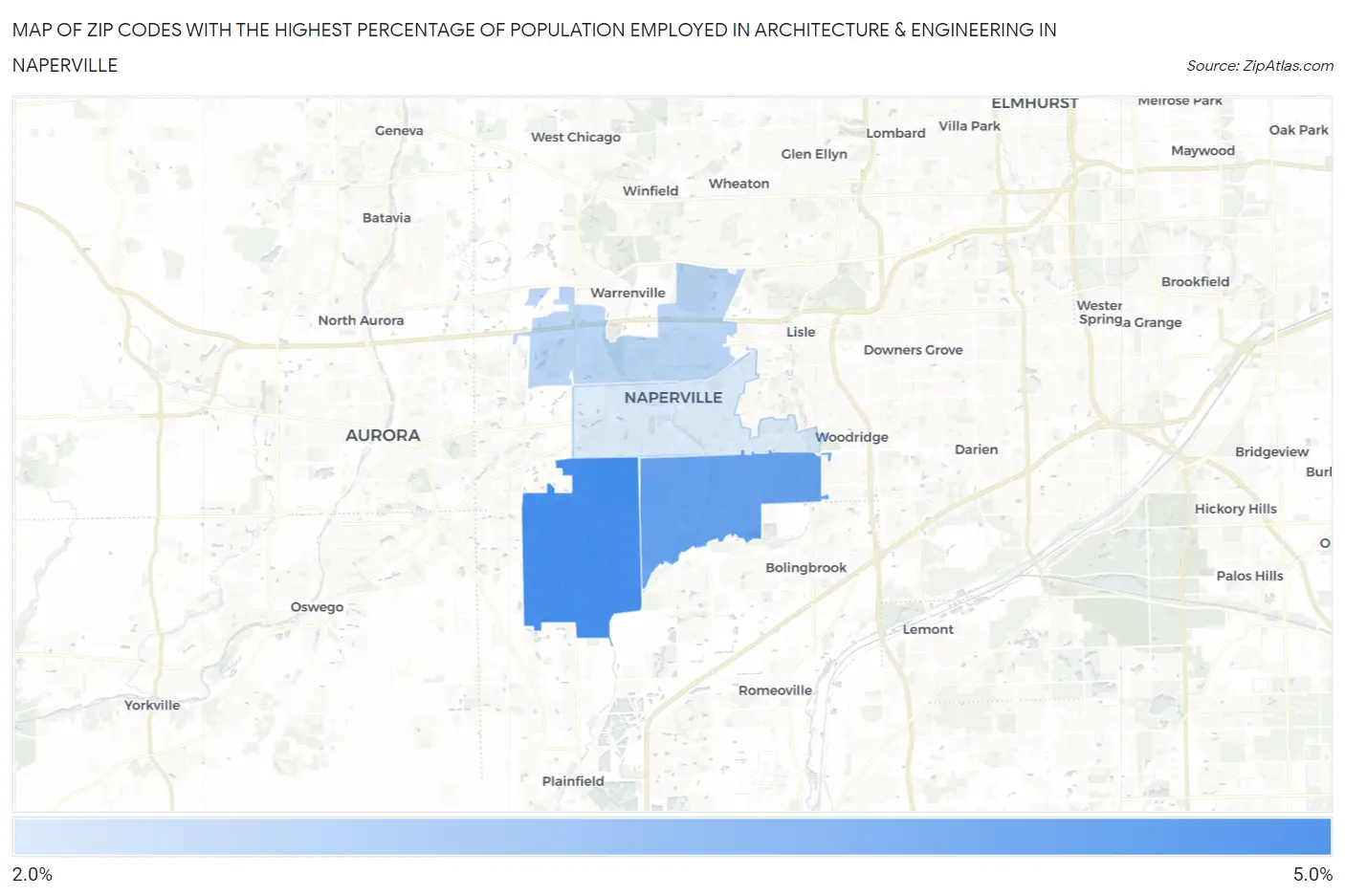 Zip Codes with the Highest Percentage of Population Employed in Architecture & Engineering in Naperville Map
