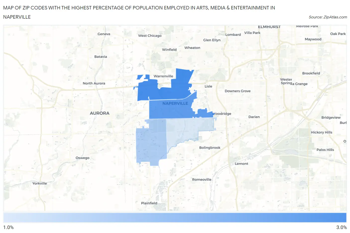 Zip Codes with the Highest Percentage of Population Employed in Arts, Media & Entertainment in Naperville Map
