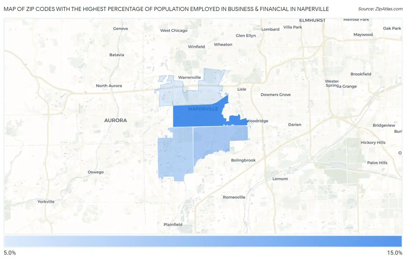 Zip Codes with the Highest Percentage of Population Employed in Business & Financial in Naperville Map