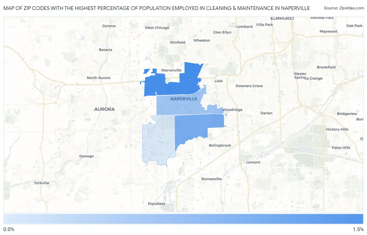 Zip Codes with the Highest Percentage of Population Employed in Cleaning & Maintenance in Naperville Map