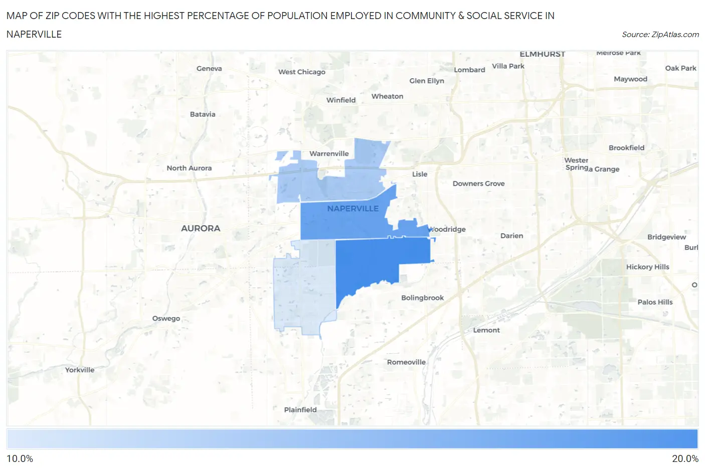 Zip Codes with the Highest Percentage of Population Employed in Community & Social Service in Naperville Map
