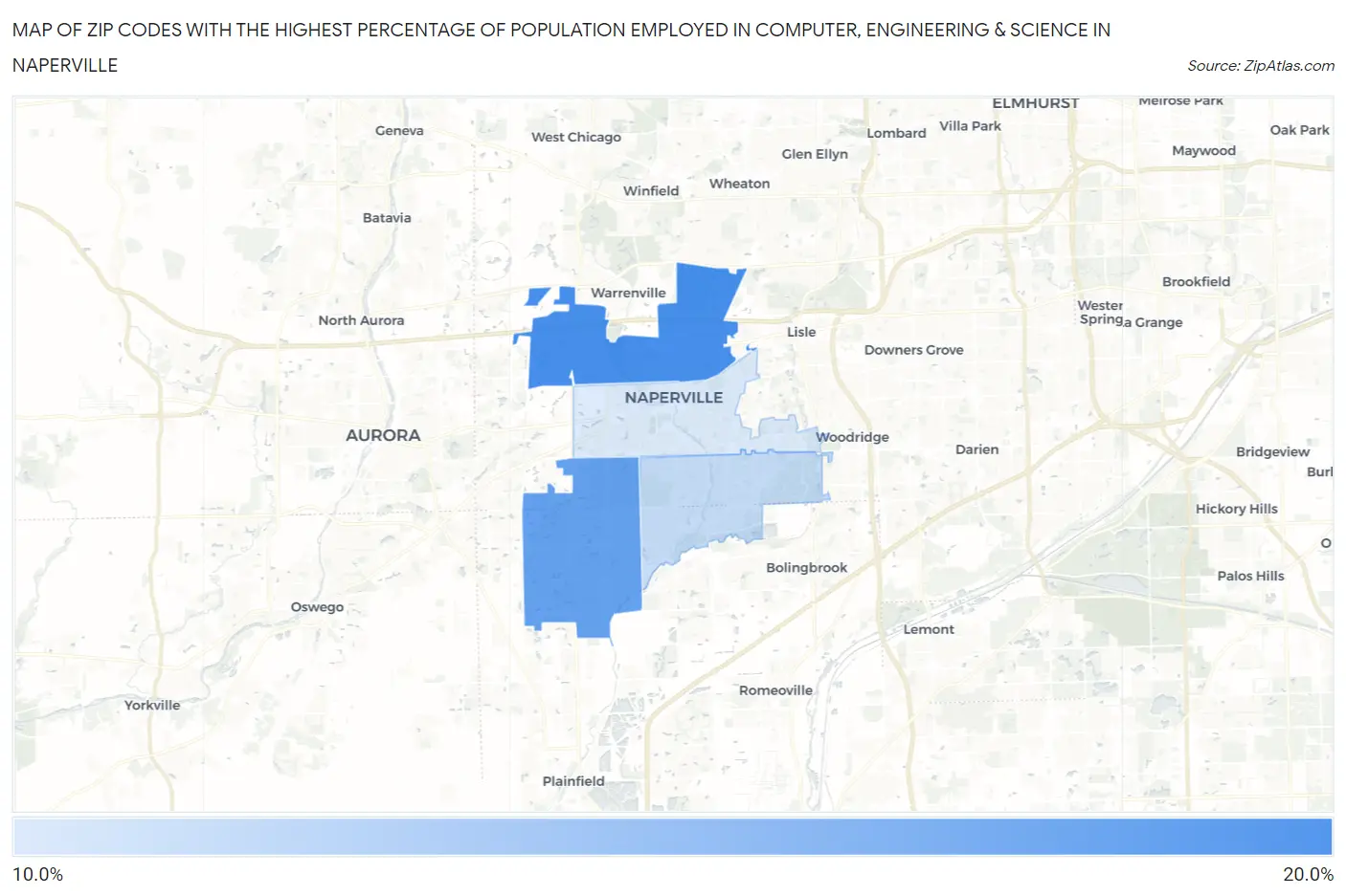 Zip Codes with the Highest Percentage of Population Employed in Computer, Engineering & Science in Naperville Map