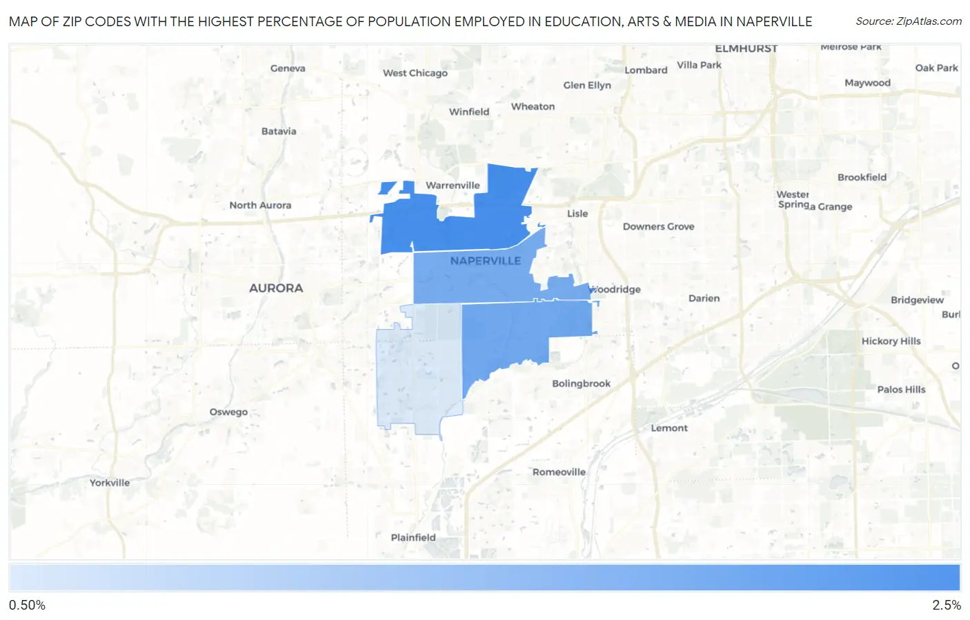 Zip Codes with the Highest Percentage of Population Employed in Education, Arts & Media in Naperville Map