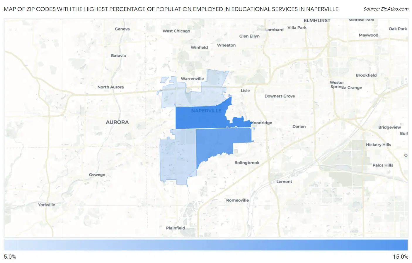 Zip Codes with the Highest Percentage of Population Employed in Educational Services in Naperville Map