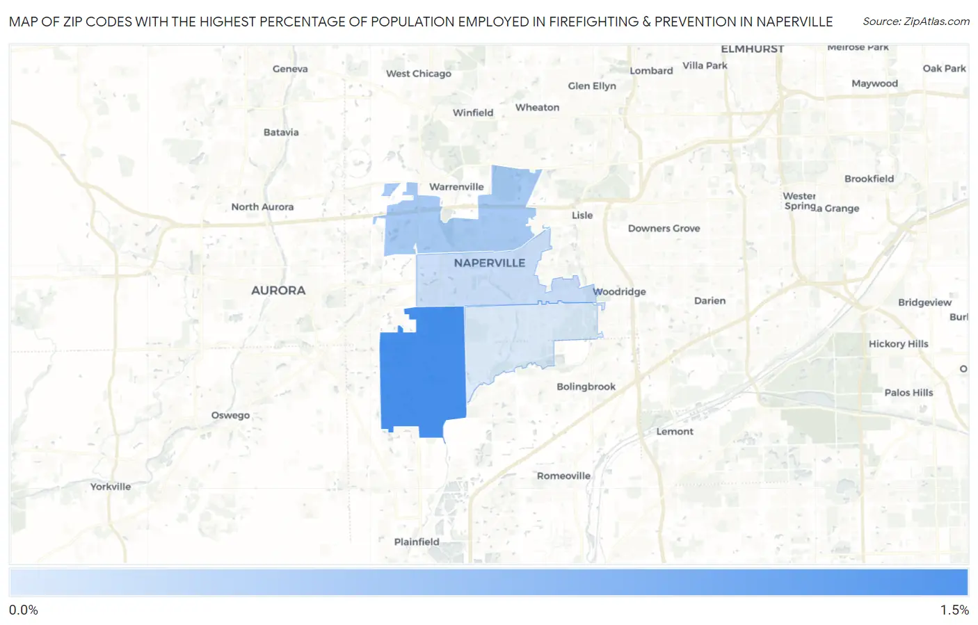 Zip Codes with the Highest Percentage of Population Employed in Firefighting & Prevention in Naperville Map
