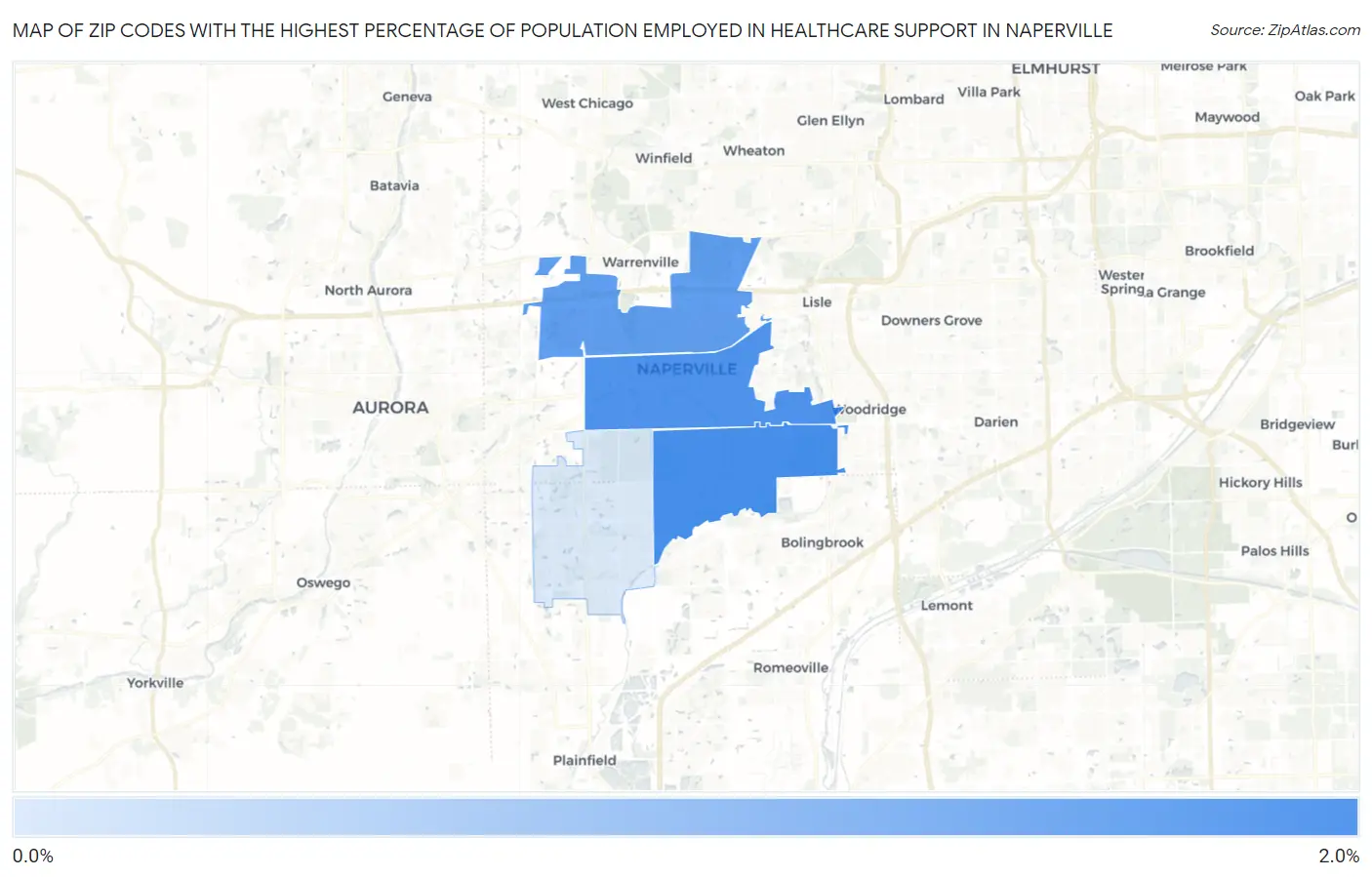 Zip Codes with the Highest Percentage of Population Employed in Healthcare Support in Naperville Map