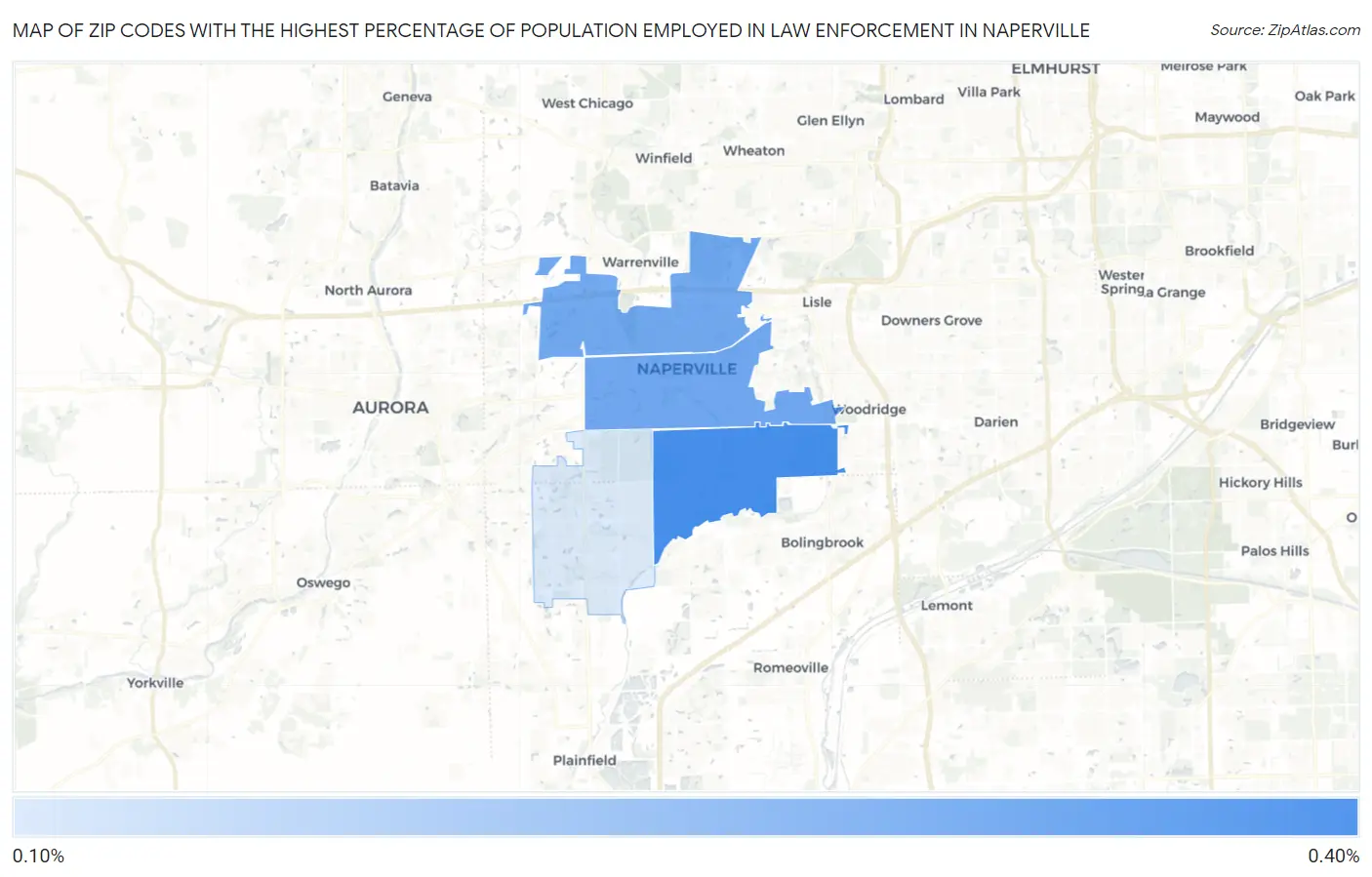 Zip Codes with the Highest Percentage of Population Employed in Law Enforcement in Naperville Map