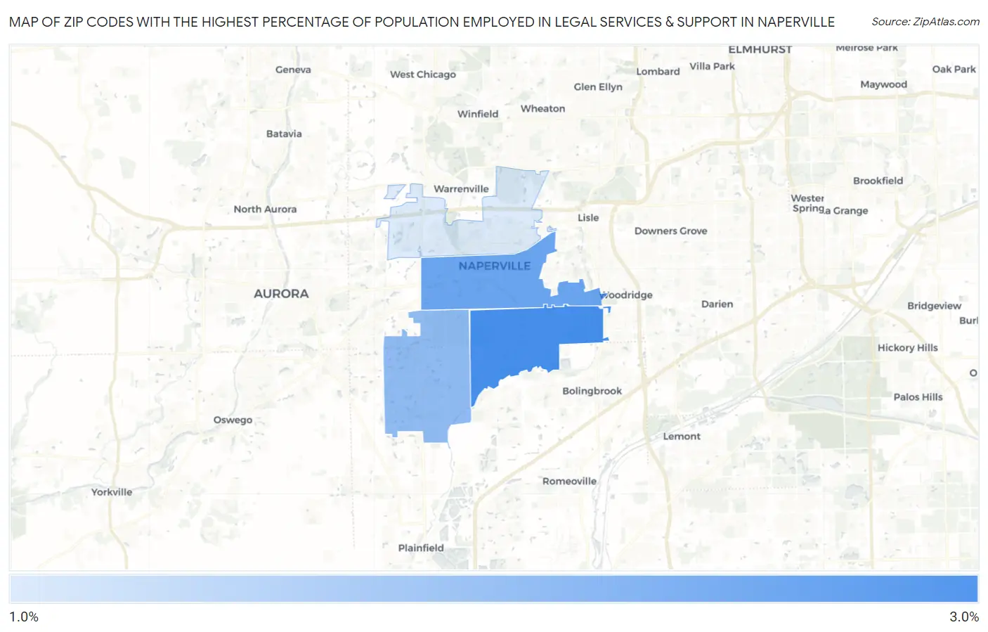 Zip Codes with the Highest Percentage of Population Employed in Legal Services & Support in Naperville Map