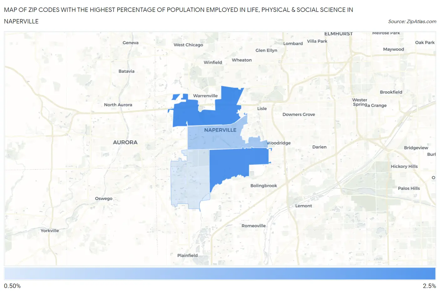 Zip Codes with the Highest Percentage of Population Employed in Life, Physical & Social Science in Naperville Map