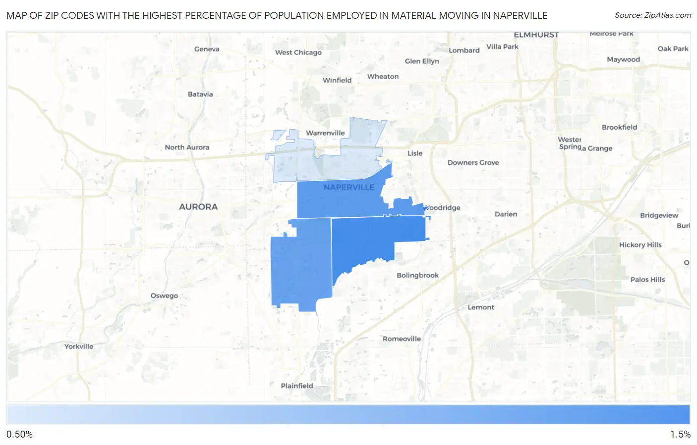 Zip Codes with the Highest Percentage of Population Employed in Material Moving in Naperville Map