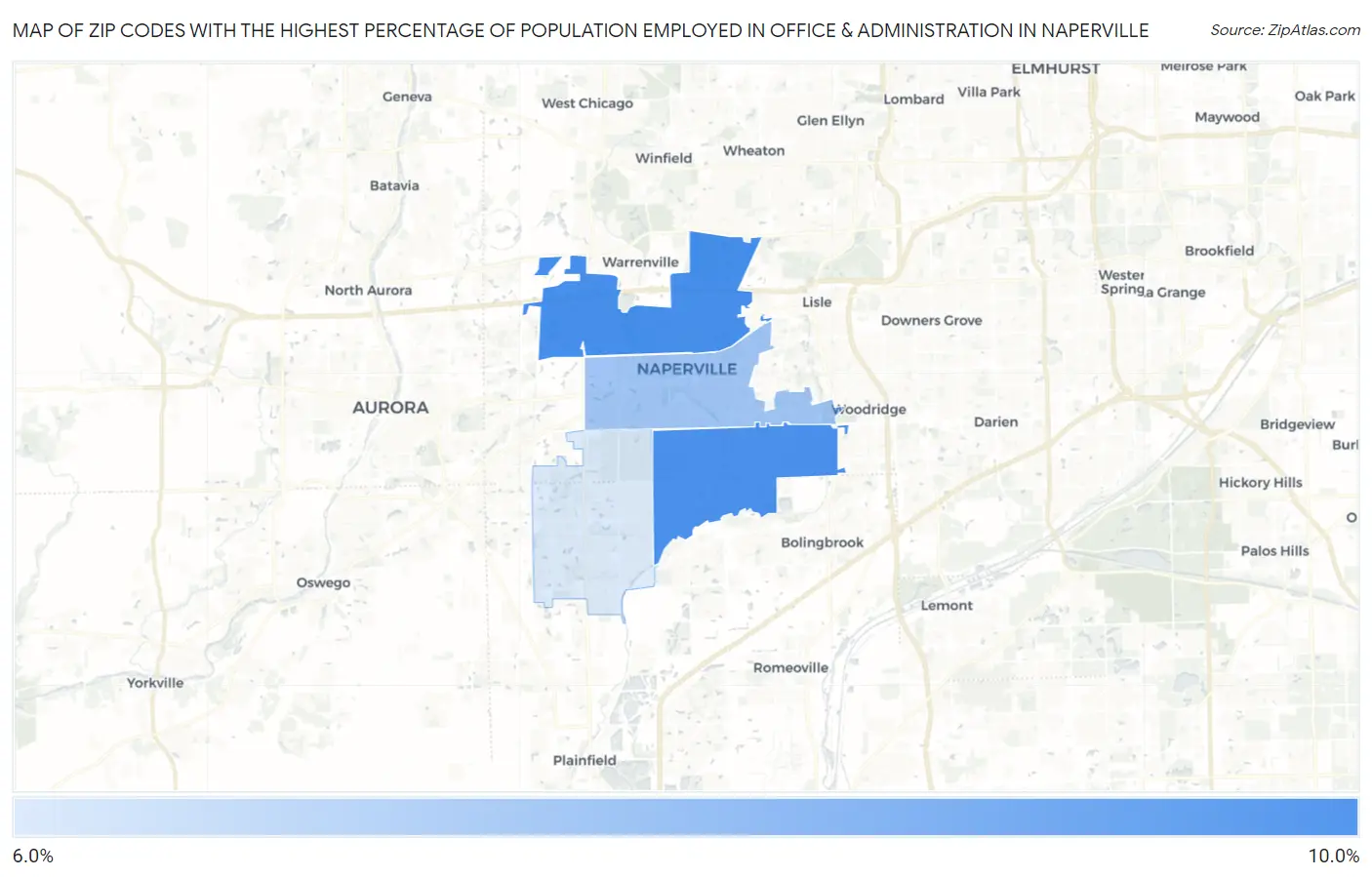 Zip Codes with the Highest Percentage of Population Employed in Office & Administration in Naperville Map