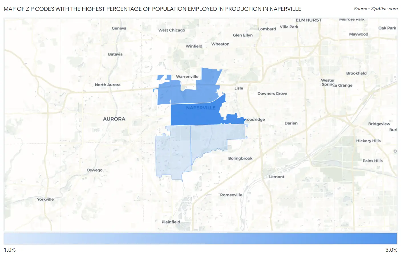 Zip Codes with the Highest Percentage of Population Employed in Production in Naperville Map