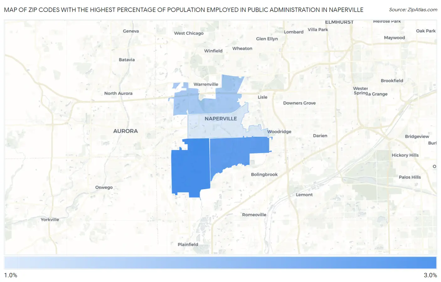 Zip Codes with the Highest Percentage of Population Employed in Public Administration in Naperville Map