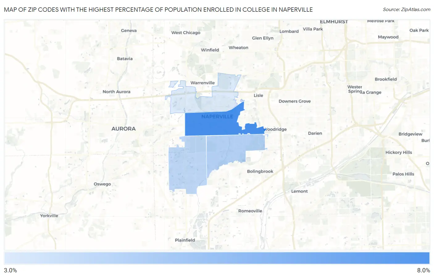 Zip Codes with the Highest Percentage of Population Enrolled in College in Naperville Map