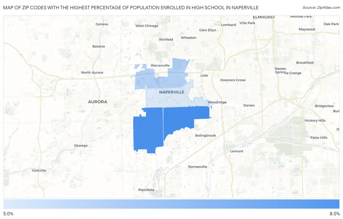 Zip Codes with the Highest Percentage of Population Enrolled in High School in Naperville Map
