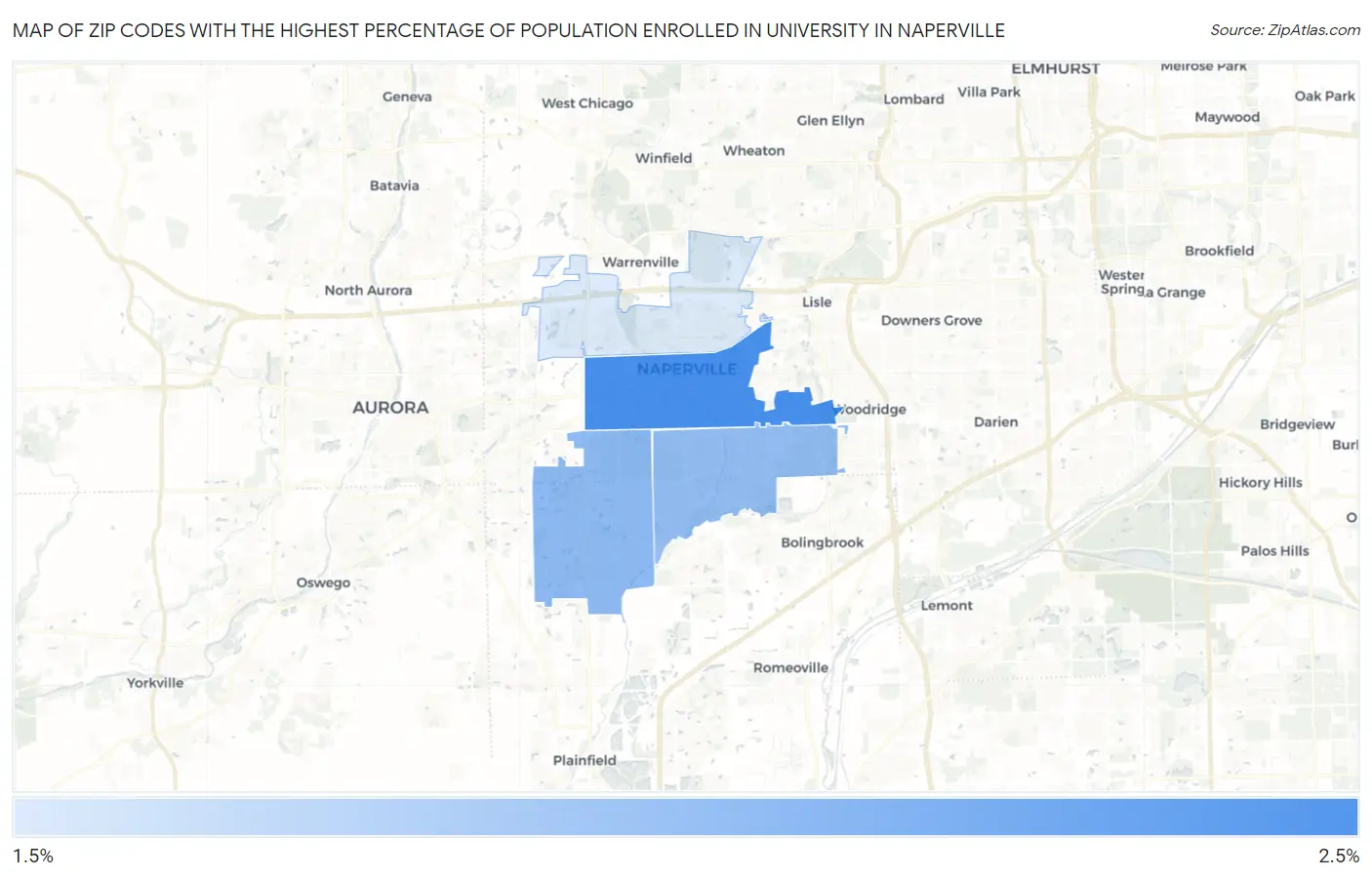 Zip Codes with the Highest Percentage of Population Enrolled in University in Naperville Map