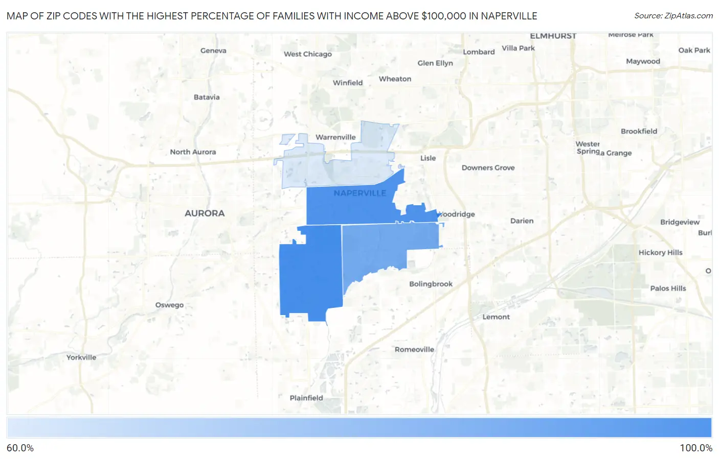 Zip Codes with the Highest Percentage of Families with Income Above $100,000 in Naperville Map