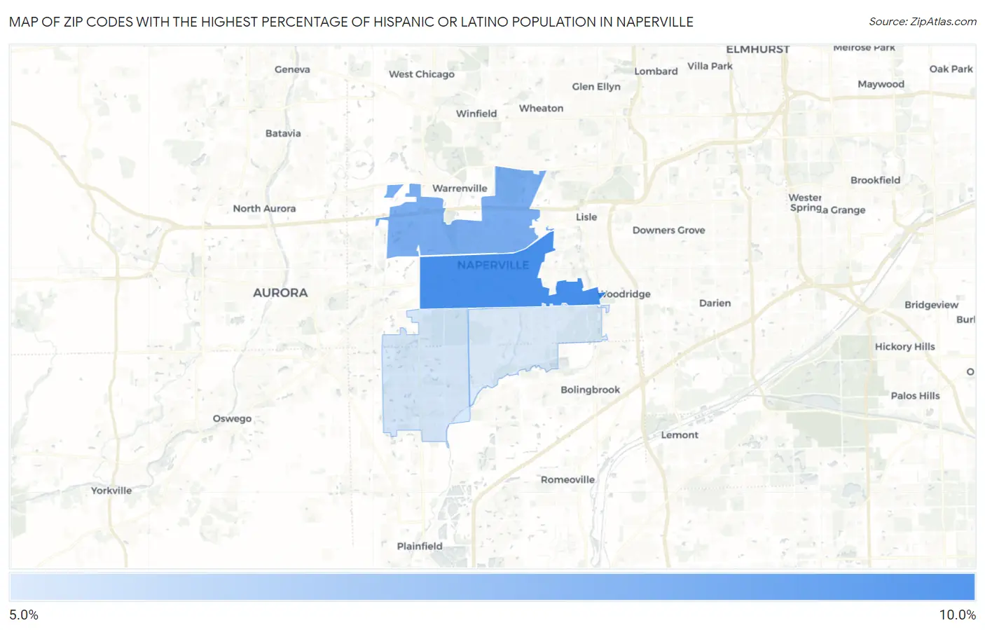 Zip Codes with the Highest Percentage of Hispanic or Latino Population in Naperville Map