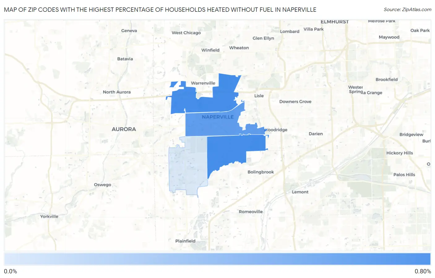 Zip Codes with the Highest Percentage of Households Heated without Fuel in Naperville Map