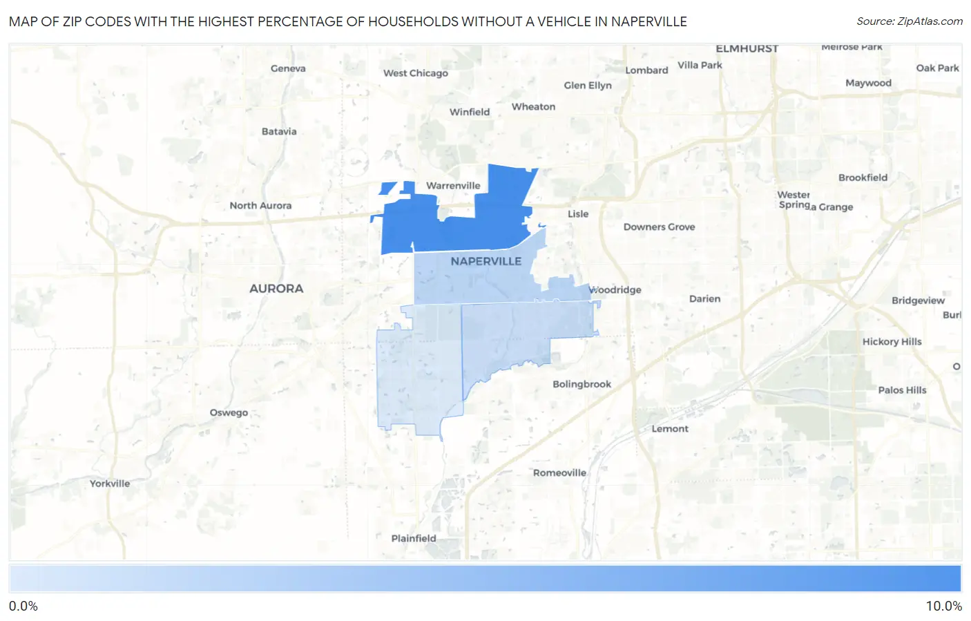 Zip Codes with the Highest Percentage of Households Without a Vehicle in Naperville Map