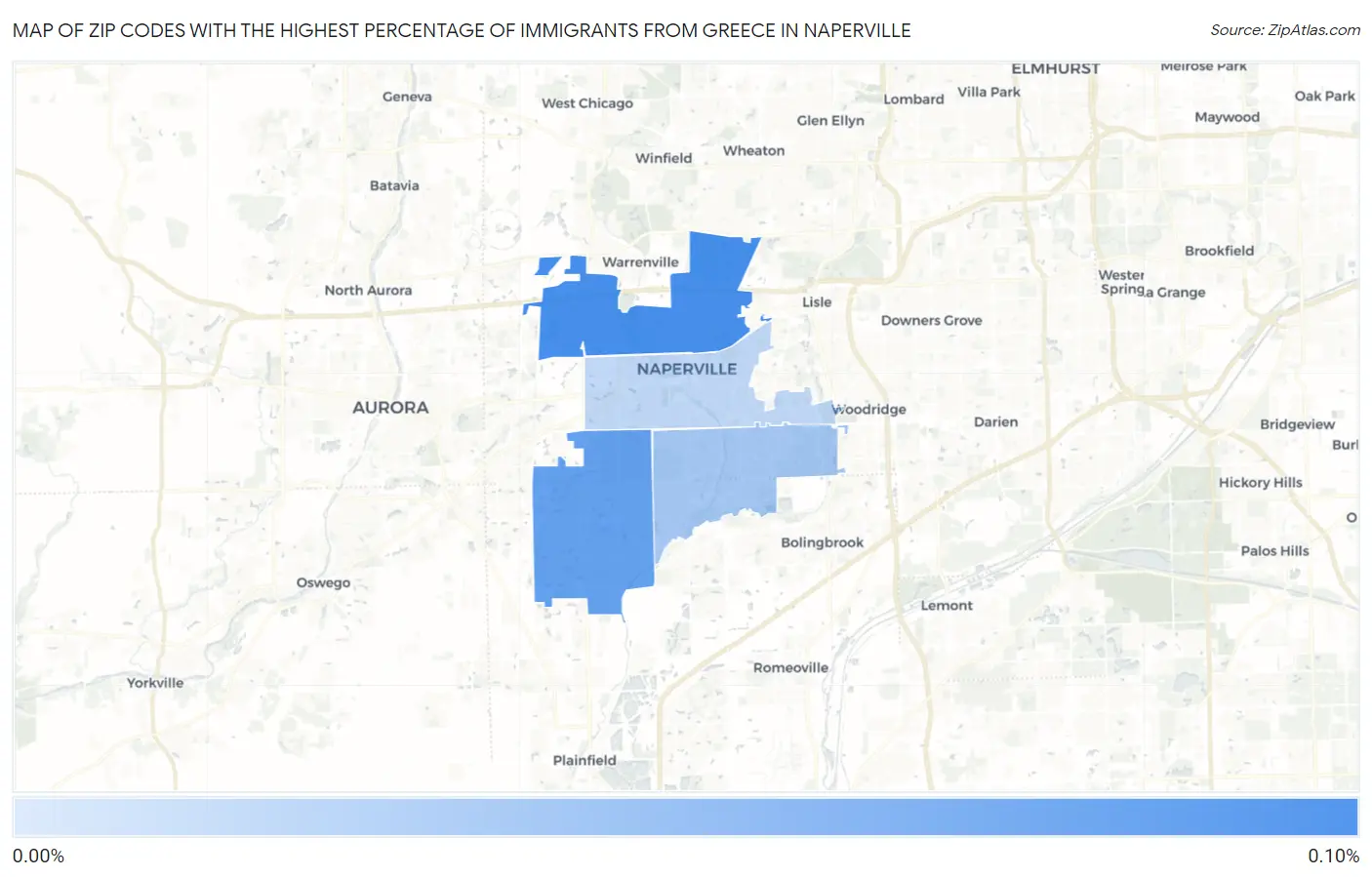 Zip Codes with the Highest Percentage of Immigrants from Greece in Naperville Map