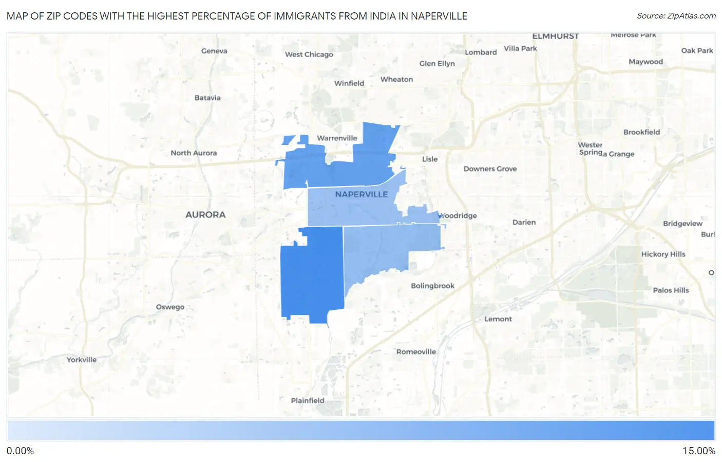 Zip Codes with the Highest Percentage of Immigrants from India in Naperville Map