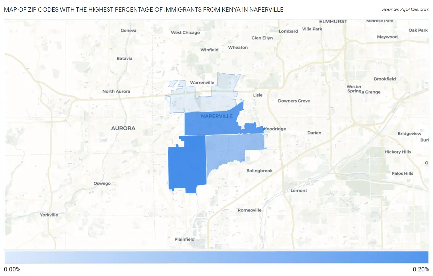 Zip Codes with the Highest Percentage of Immigrants from Kenya in Naperville Map