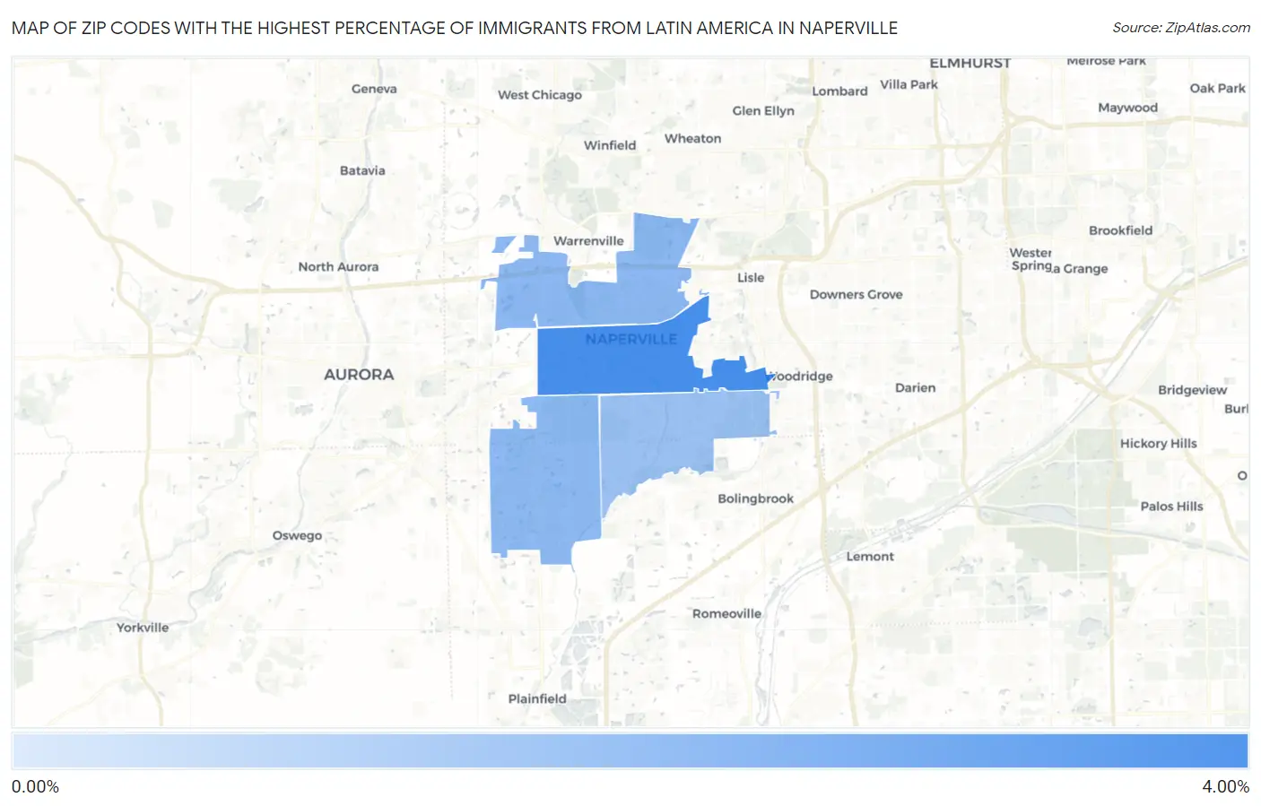 Zip Codes with the Highest Percentage of Immigrants from Latin America in Naperville Map