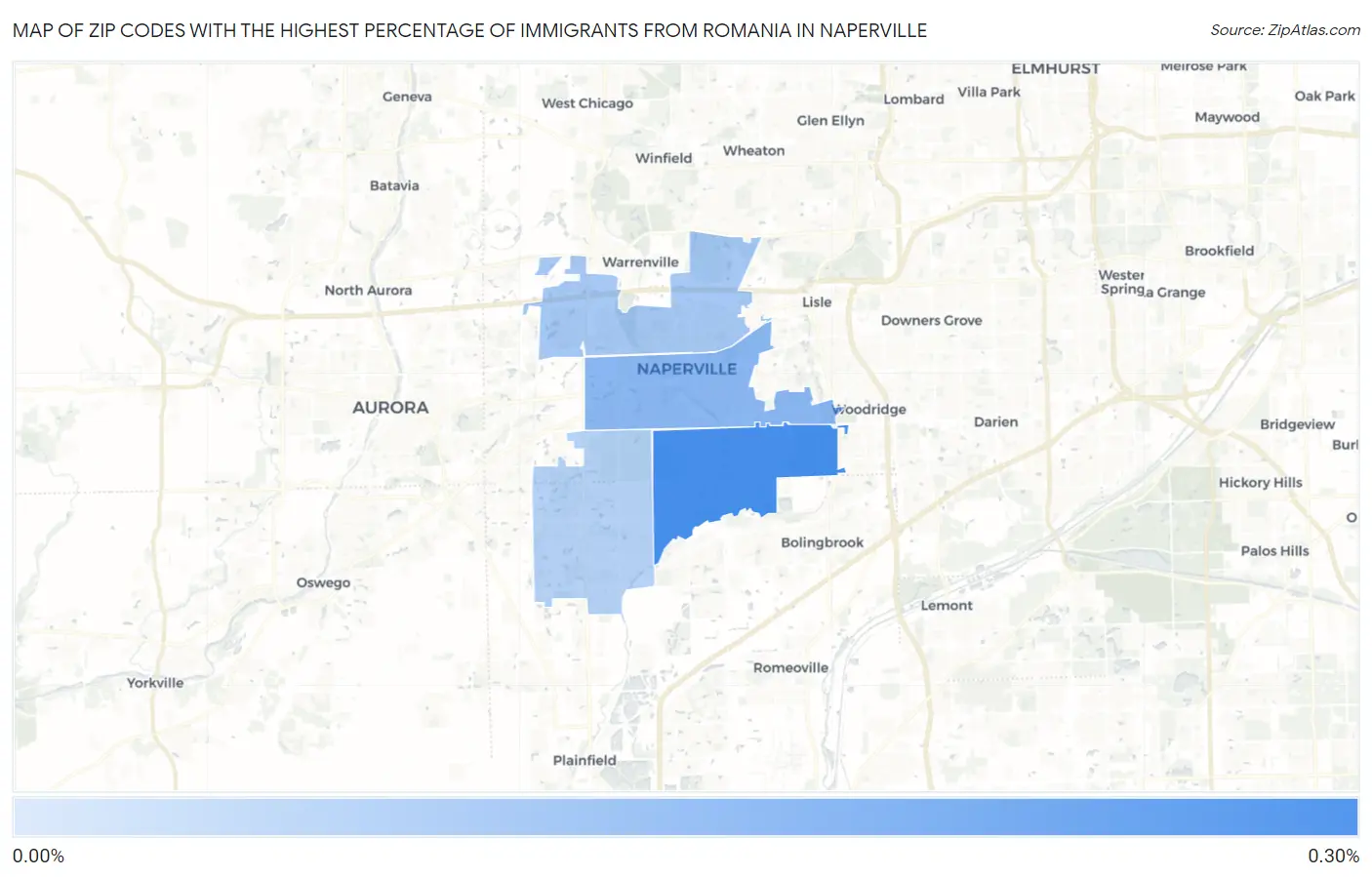 Zip Codes with the Highest Percentage of Immigrants from Romania in Naperville Map