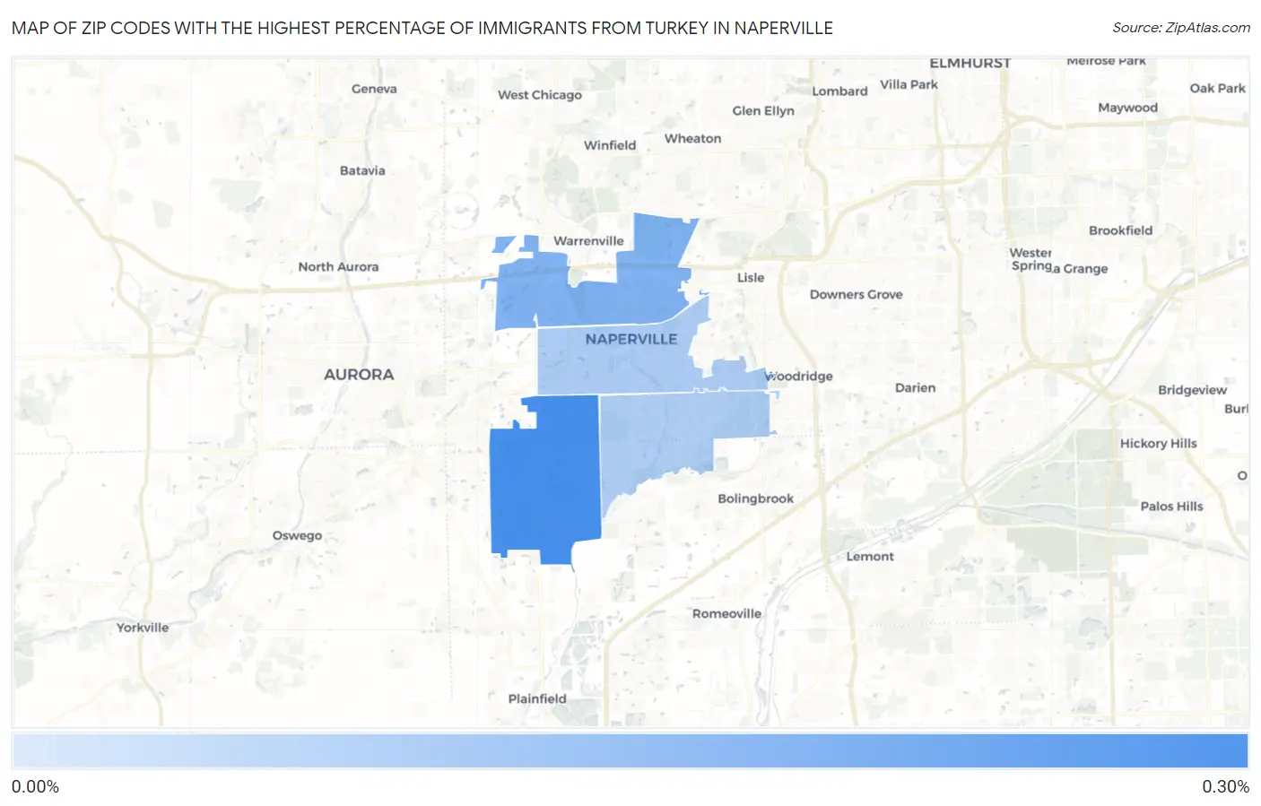 Zip Codes with the Highest Percentage of Immigrants from Turkey in Naperville Map