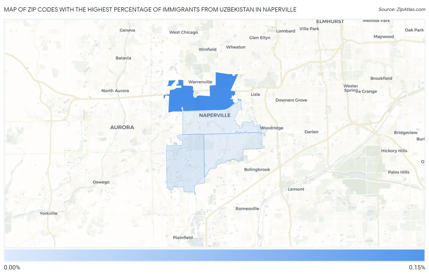 Zip Codes with the Highest Percentage of Immigrants from Uzbekistan in Naperville Map