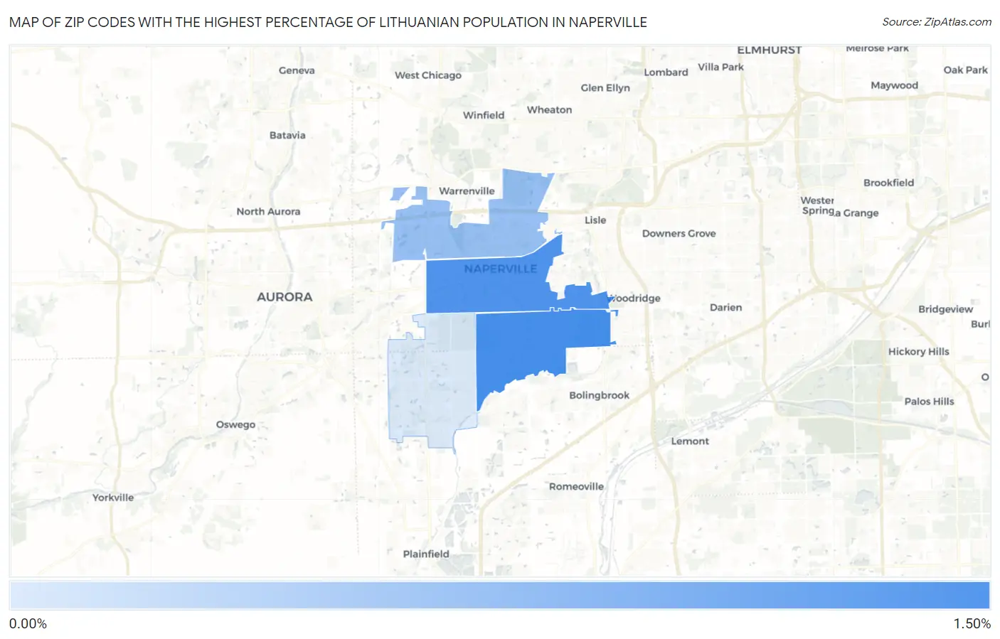 Zip Codes with the Highest Percentage of Lithuanian Population in Naperville Map