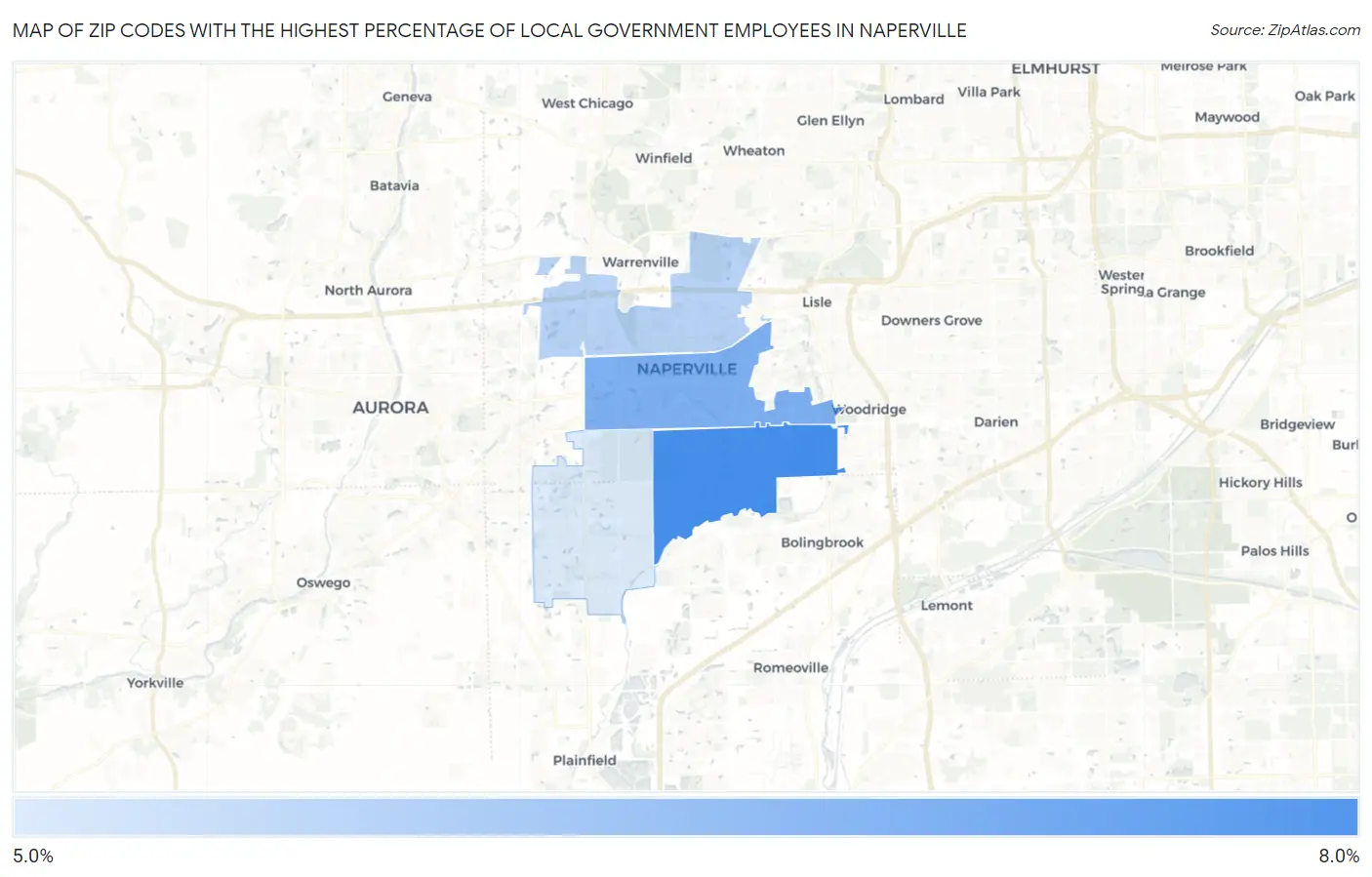Zip Codes with the Highest Percentage of Local Government Employees in Naperville Map