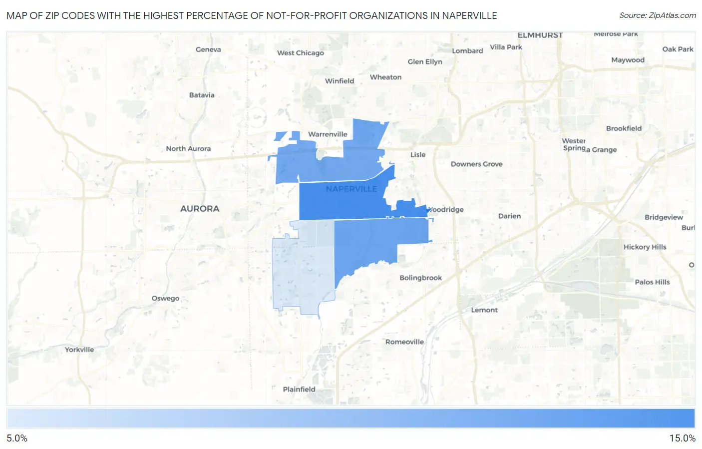 Zip Codes with the Highest Percentage of Not-for-profit Organizations in Naperville Map