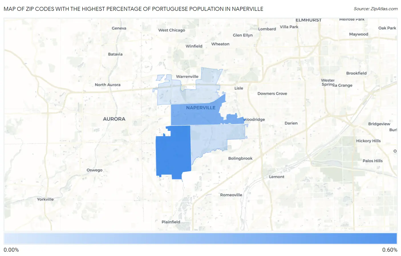 Zip Codes with the Highest Percentage of Portuguese Population in Naperville Map
