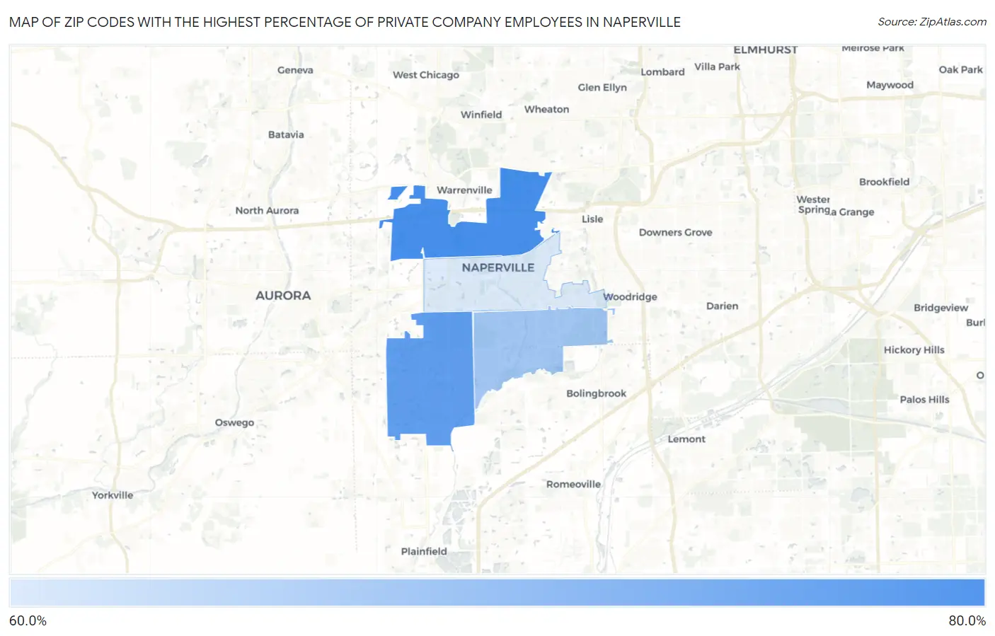 Zip Codes with the Highest Percentage of Private Company Employees in Naperville Map